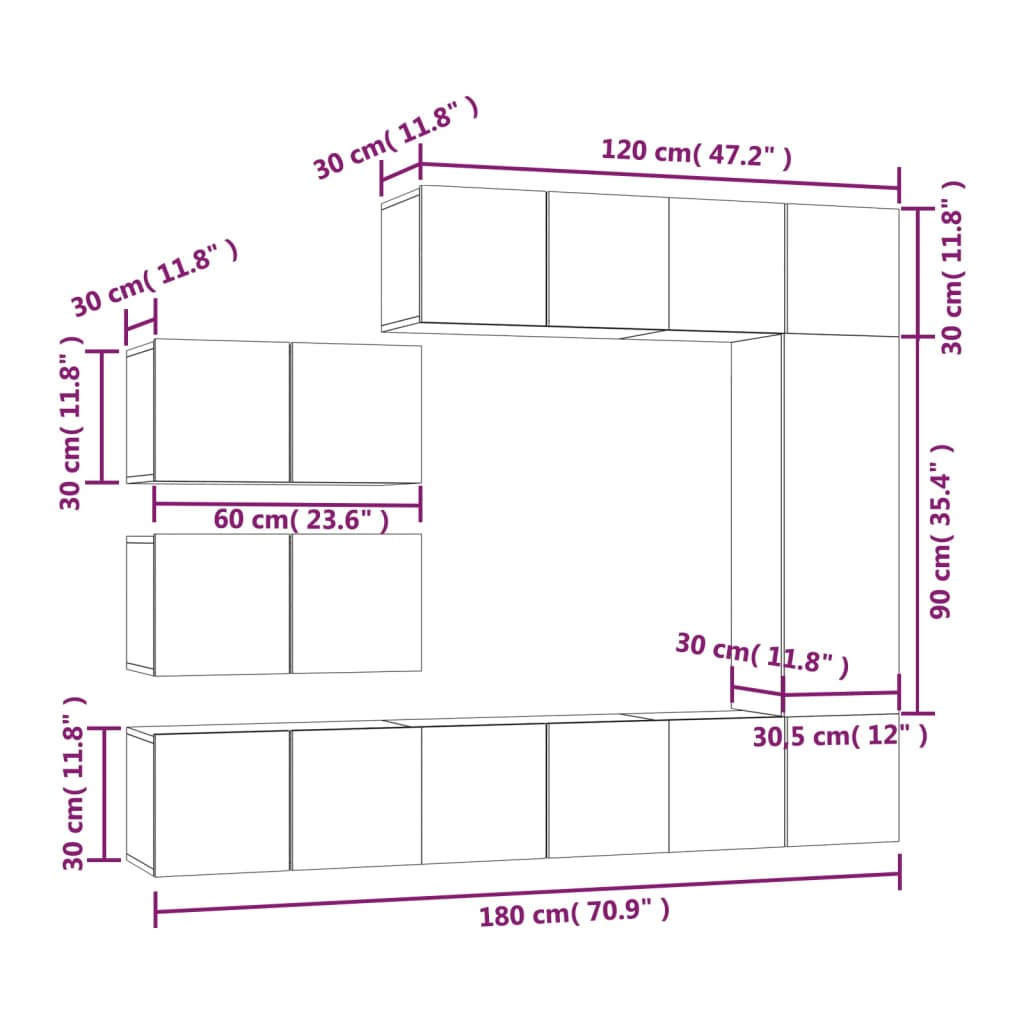 TV cabinet set, 8-piece, smoked oak, wood