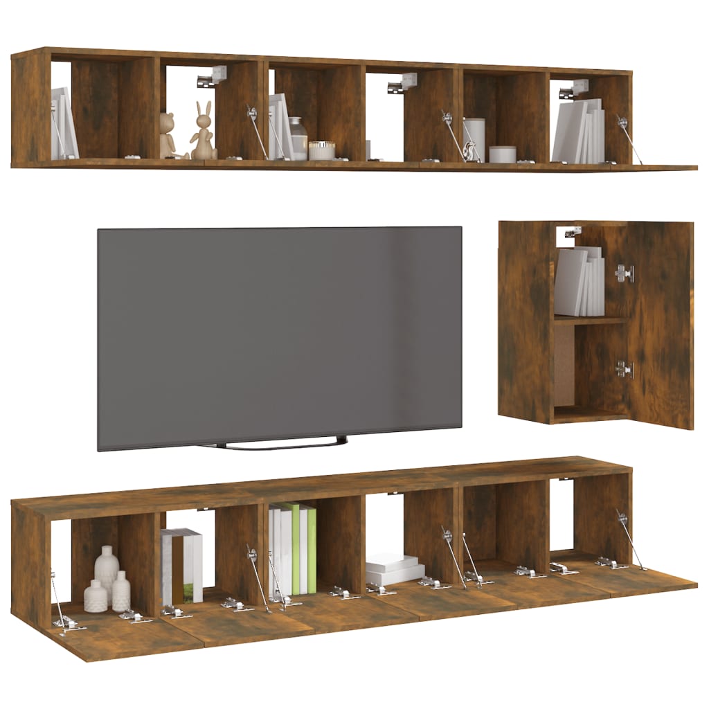 TV spintelių komplektas, 7 dalių, dūminio ąžuolo, mediena