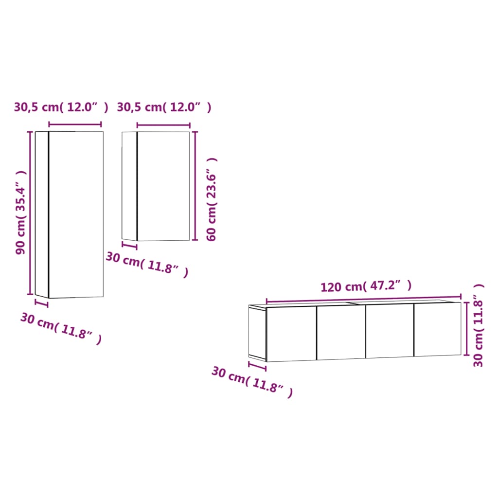 TV cabinet set, 4-piece, smoke oak, wood
