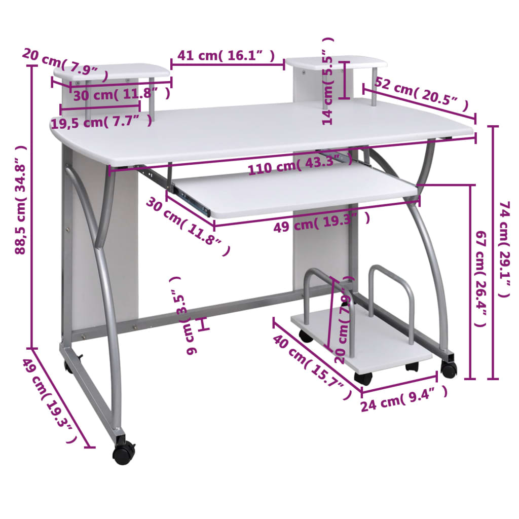 Computer desk, white, 110x52x88.5cm, engineered wood
