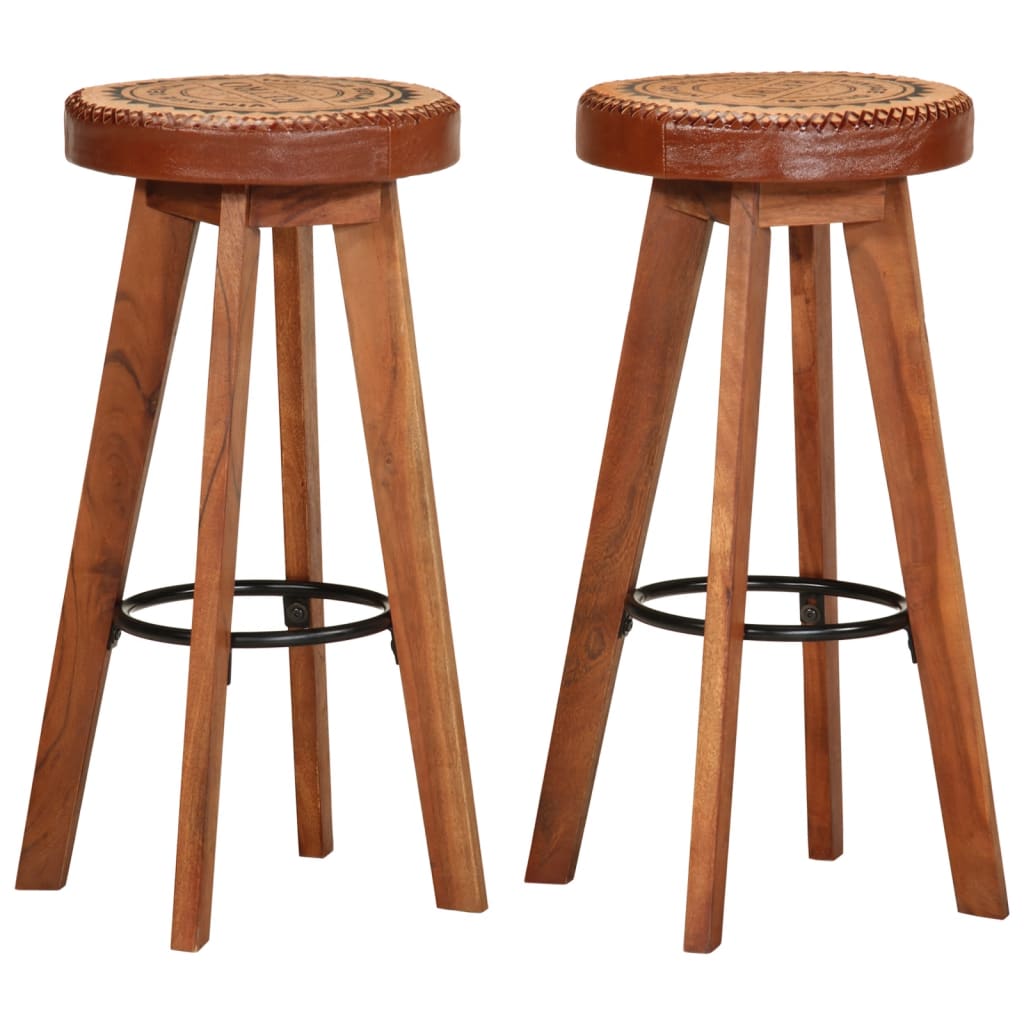 Bar stools, 2 pcs., genuine leather and solid acacia wood