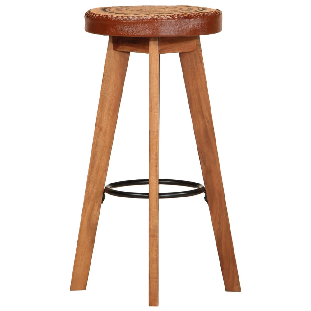 Bar stools, 2 pcs., genuine leather and solid acacia wood