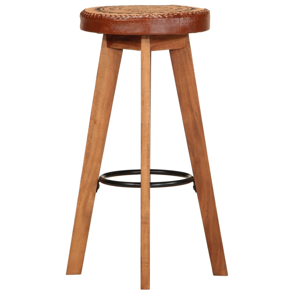 Bar stools, 2 pcs., genuine leather and solid acacia wood