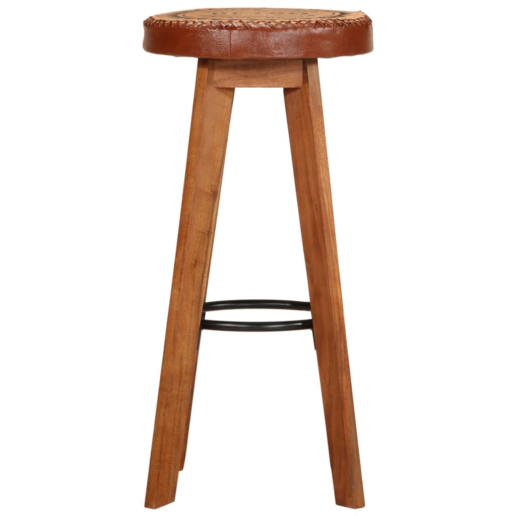 Bar stools, 2 pcs., genuine leather and solid acacia wood