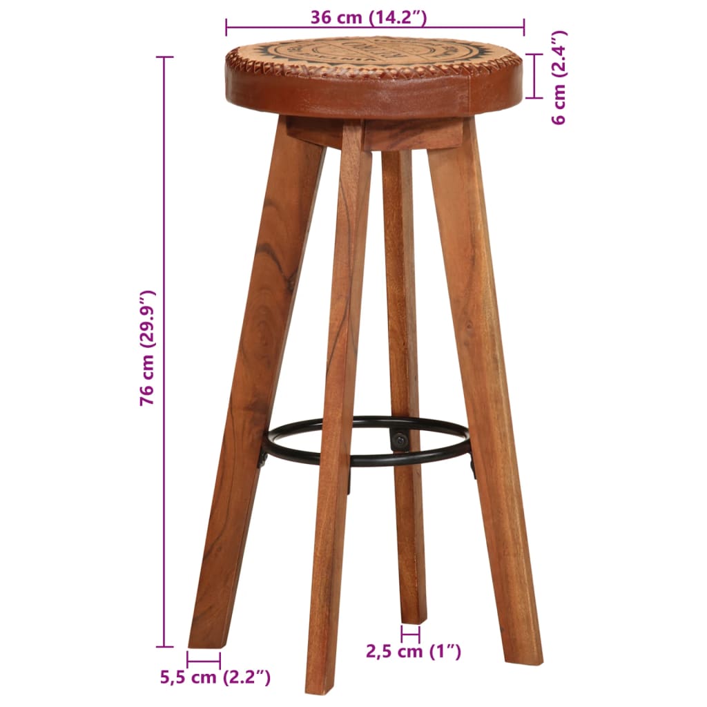 Bar stools, 2 pcs., genuine leather and solid acacia wood