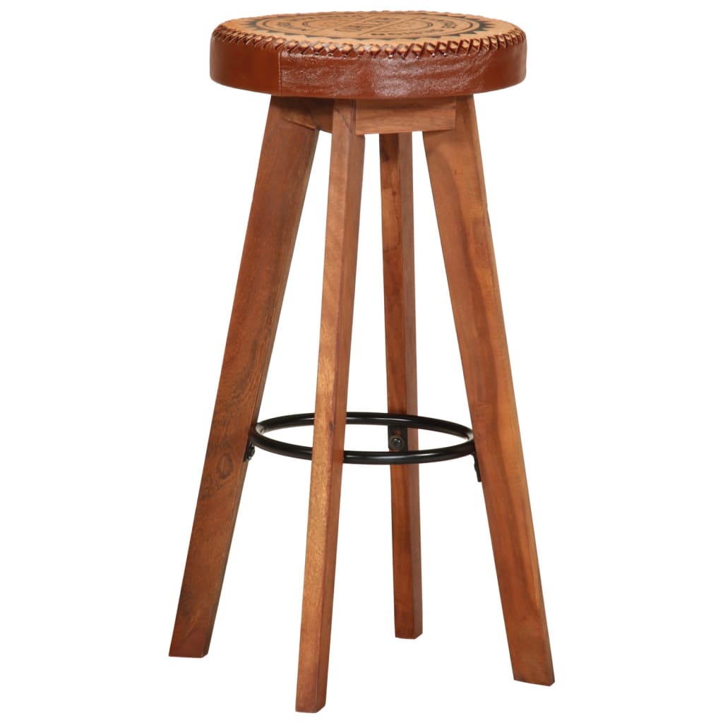 Bar stools, 2 pcs., genuine leather and solid acacia wood