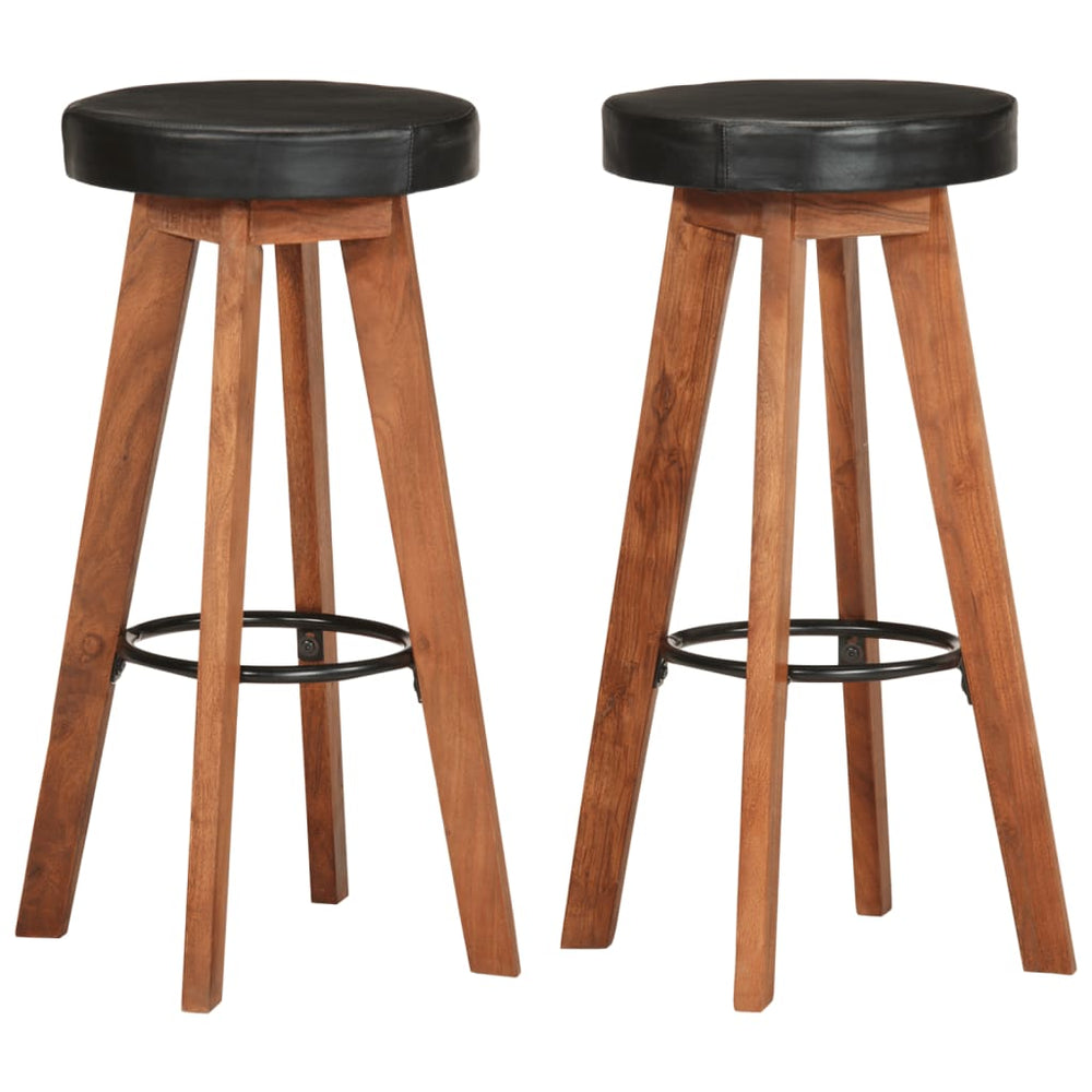 Bar stools, 2 pcs., genuine leather and solid acacia wood