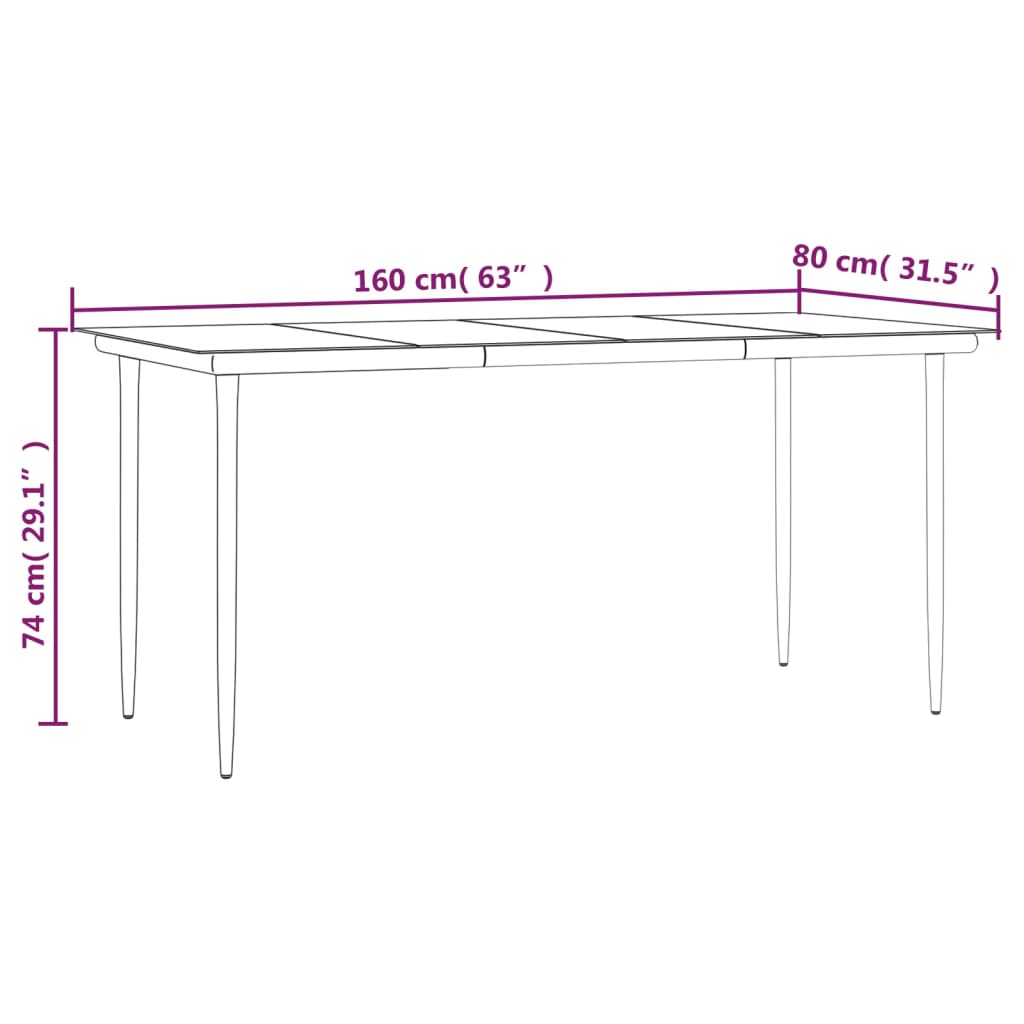Sodo valgomojo stalas, juodas, 160x80x74cm, plienas ir stiklas