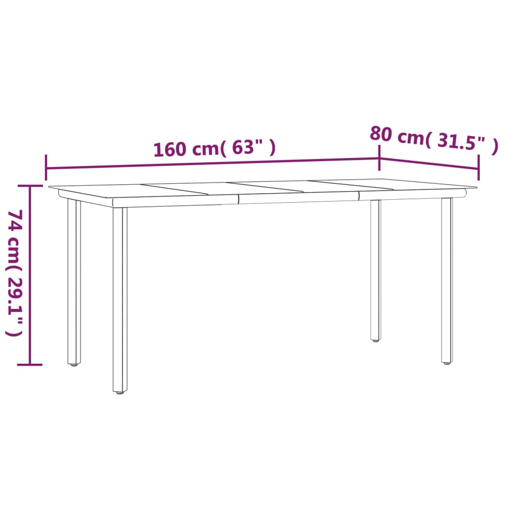 Sodo valgomojo stalas, juodas, 160x80x74cm, plienas ir stiklas