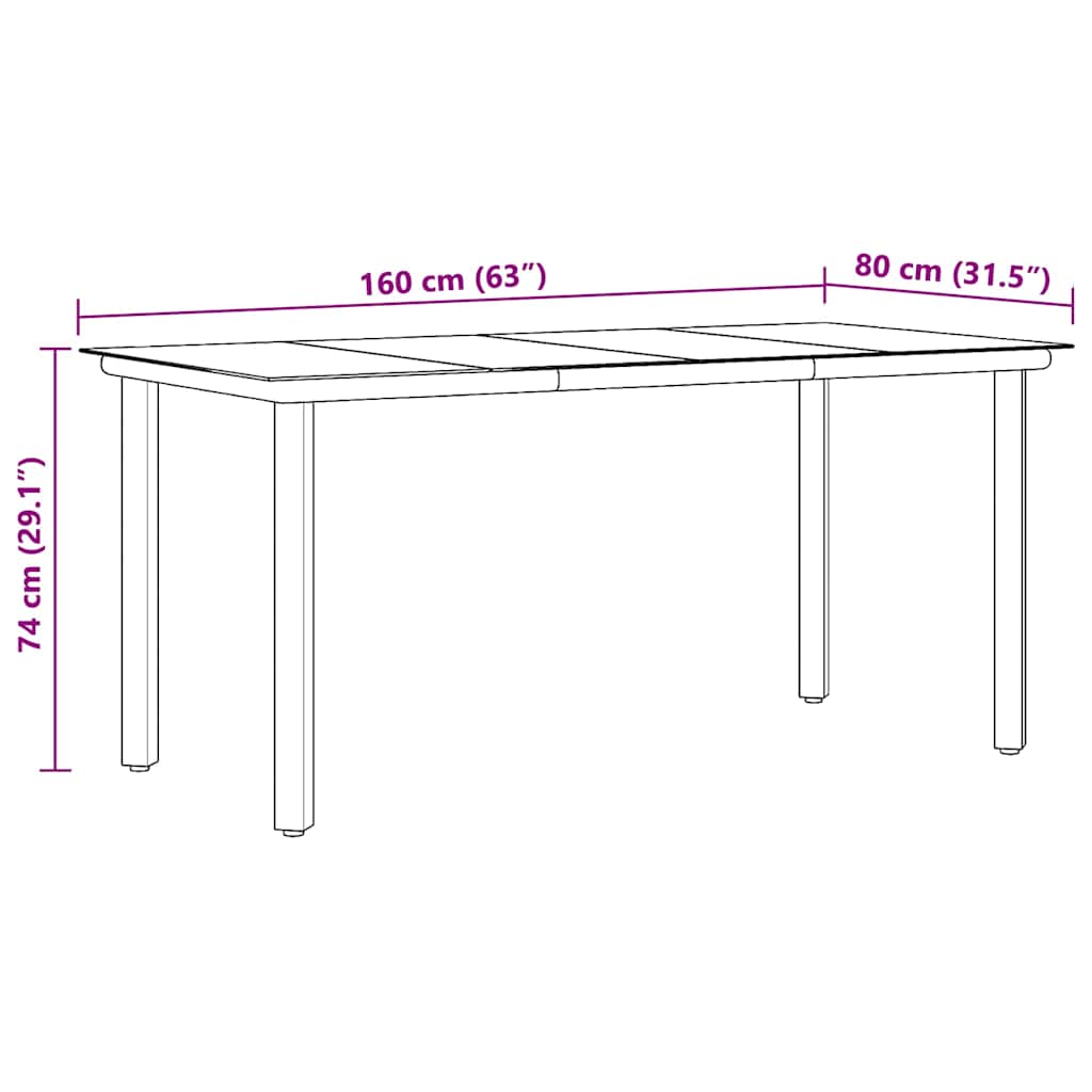 Sodo valgomojo stalas, juodas, 160x80x74cm, plienas ir stiklas