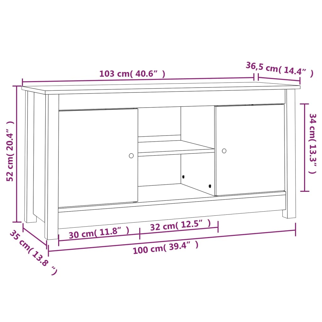 TV cabinet, black, 103x36.5x52cm, solid pine