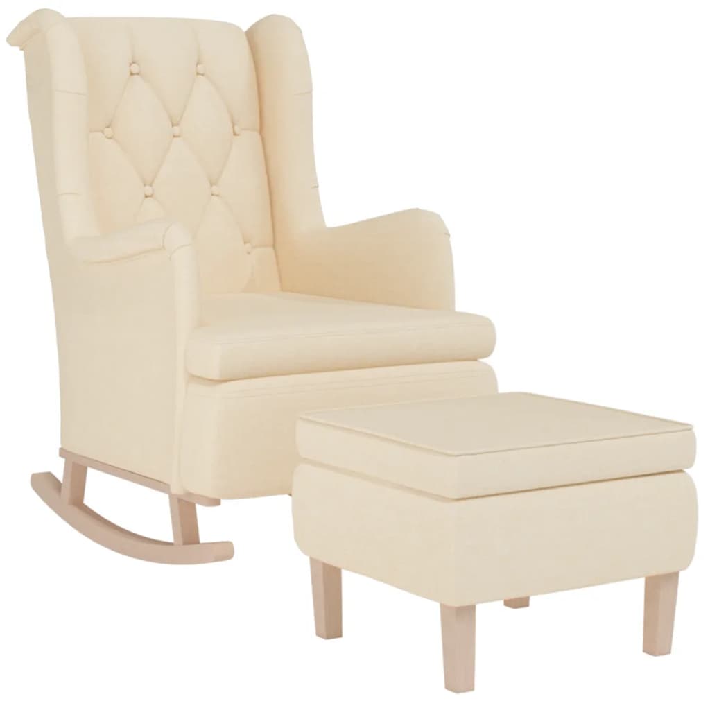 Armchair with springs and footrest, cream colored, fabric