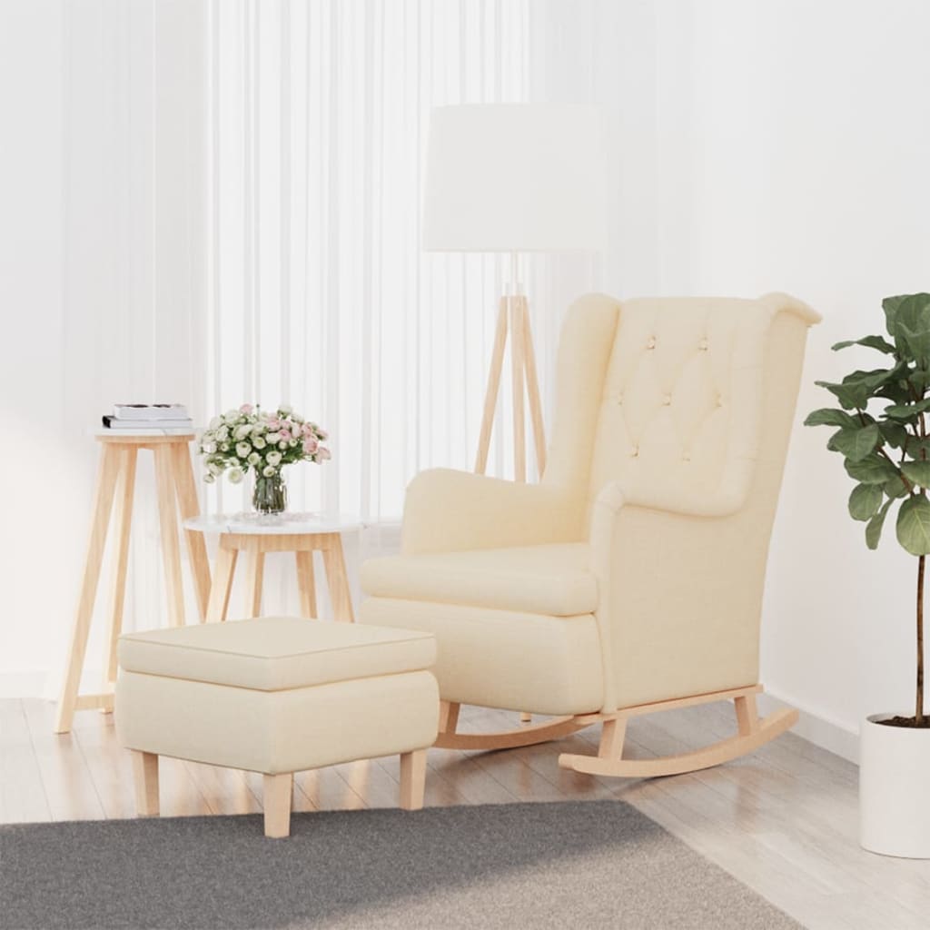 Armchair with springs and footrest, cream colored, fabric