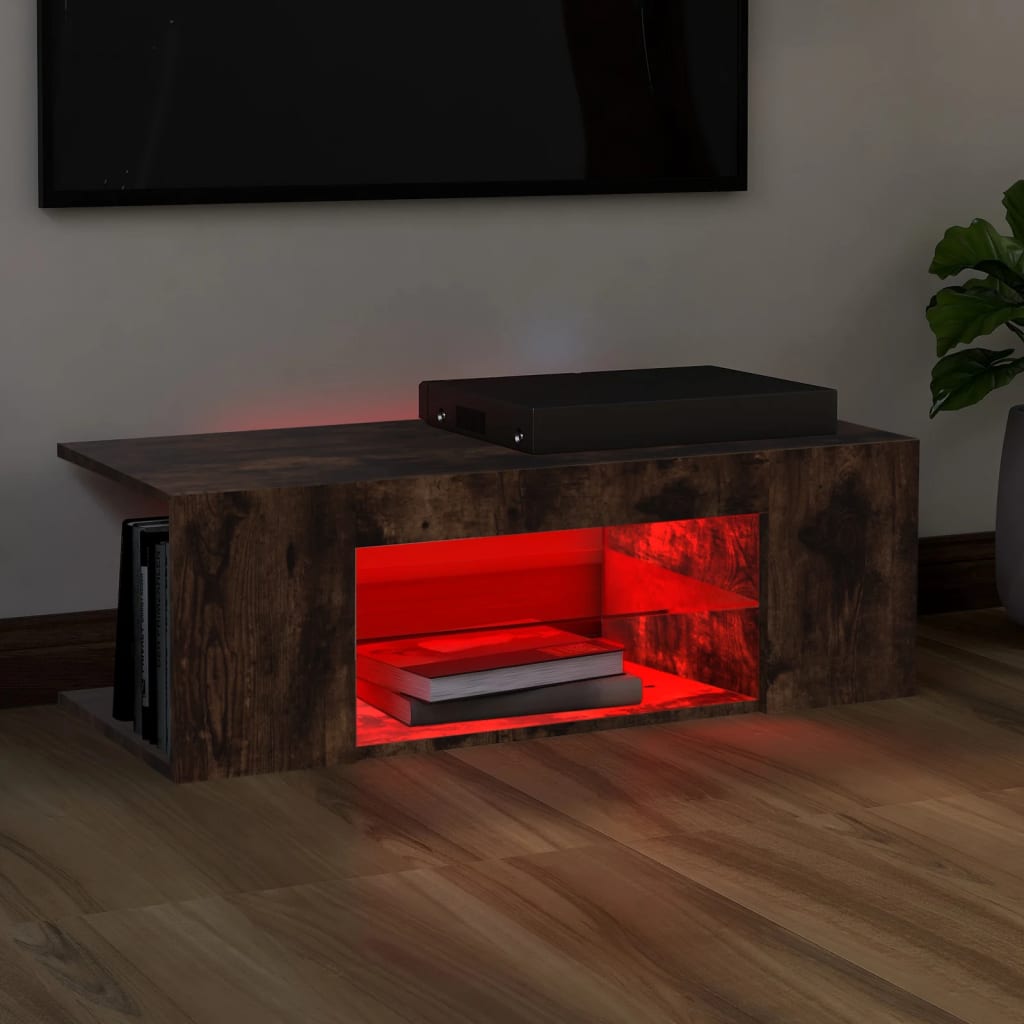 TV cabinet with LED lights, smoky oak, 90x39x30cm