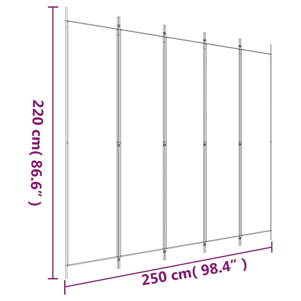 Room divider, 5 panels, white, 250x220cm, fabric
