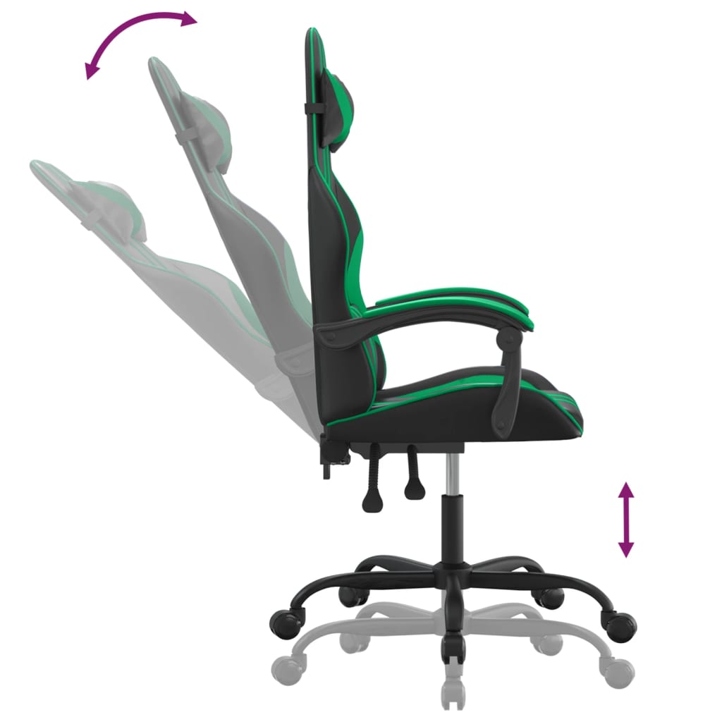 Swivel gaming chair, black and green, artificial leather
