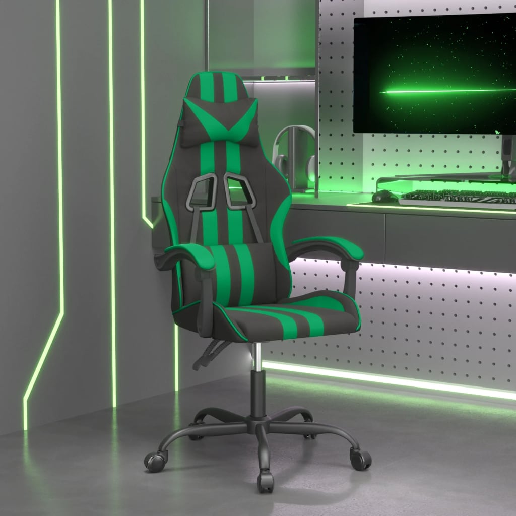 Swivel gaming chair, black and green, artificial leather
