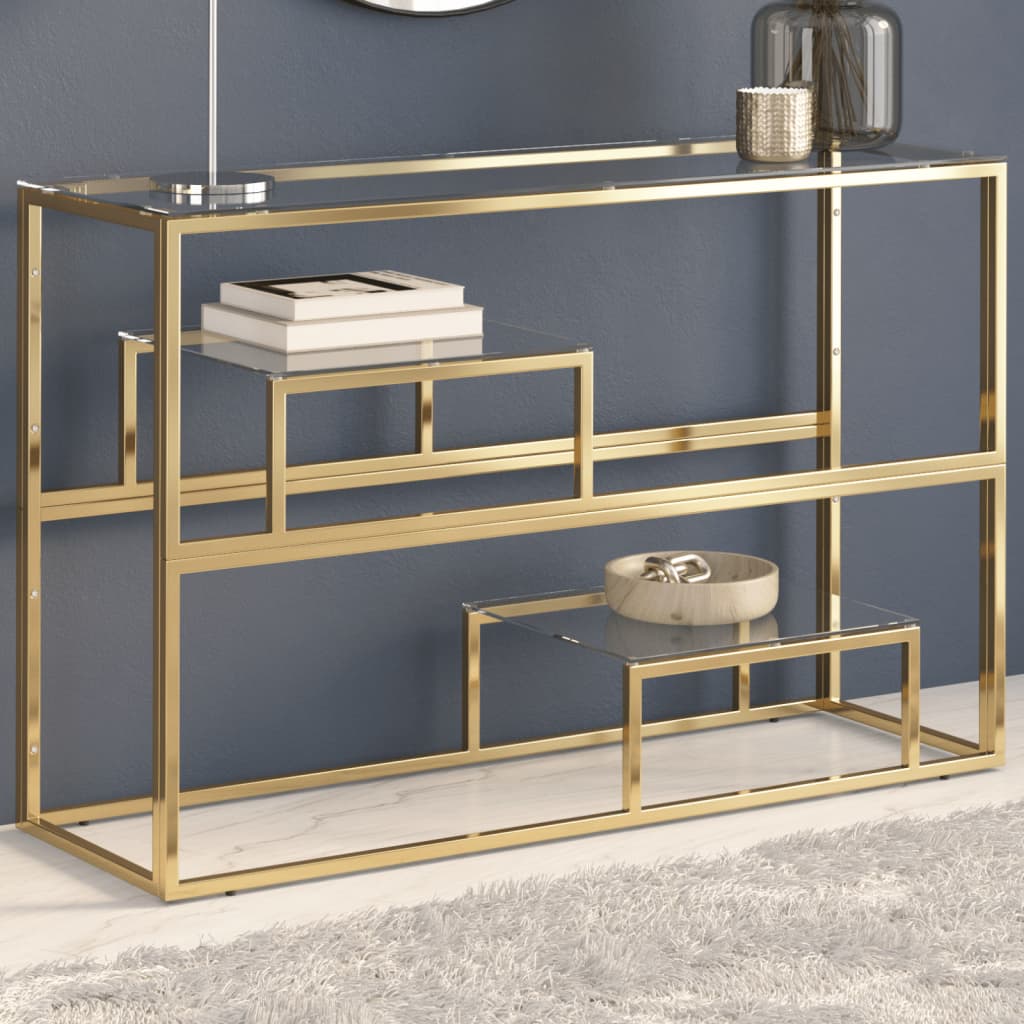 Console table, gold, steel and tempered glass
