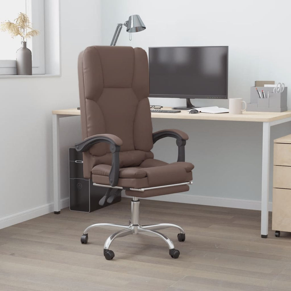 Reclining massage office chair, brown, artificial leather