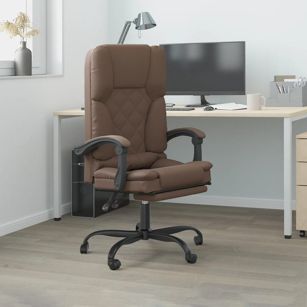 Reclining massage office chair, brown, artificial leather