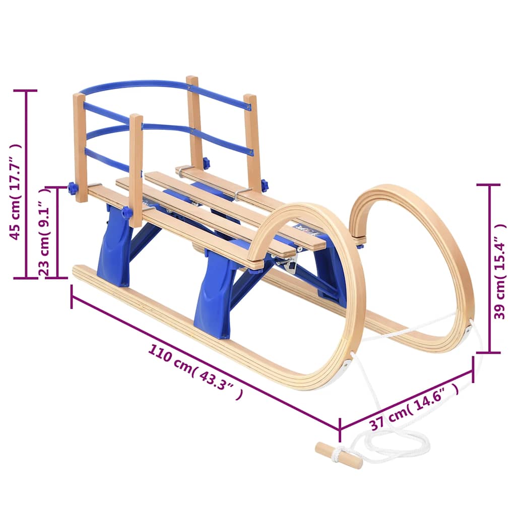 Folding sledge with backrest, 110cm, plywood