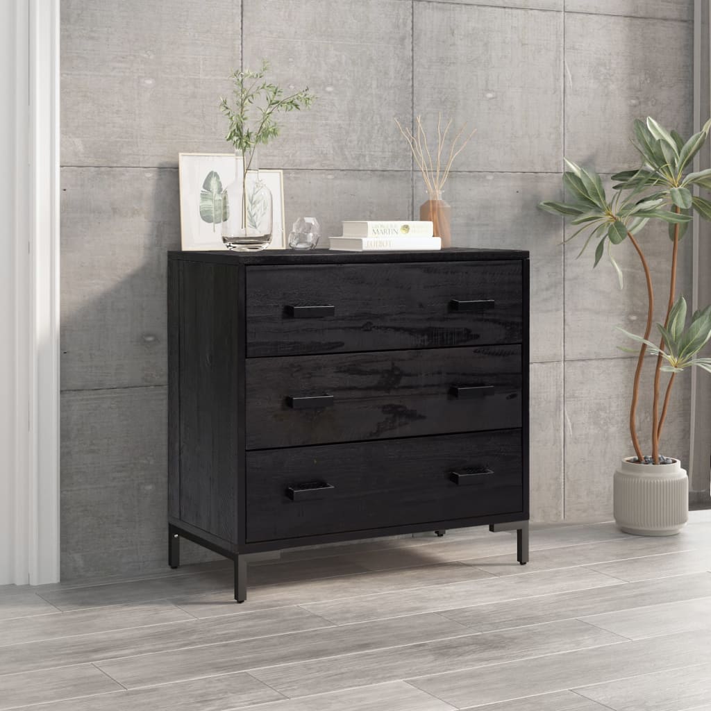 Kumode ar atvilktnēm, melna, 75x35x70cm, priedes masīvkoks