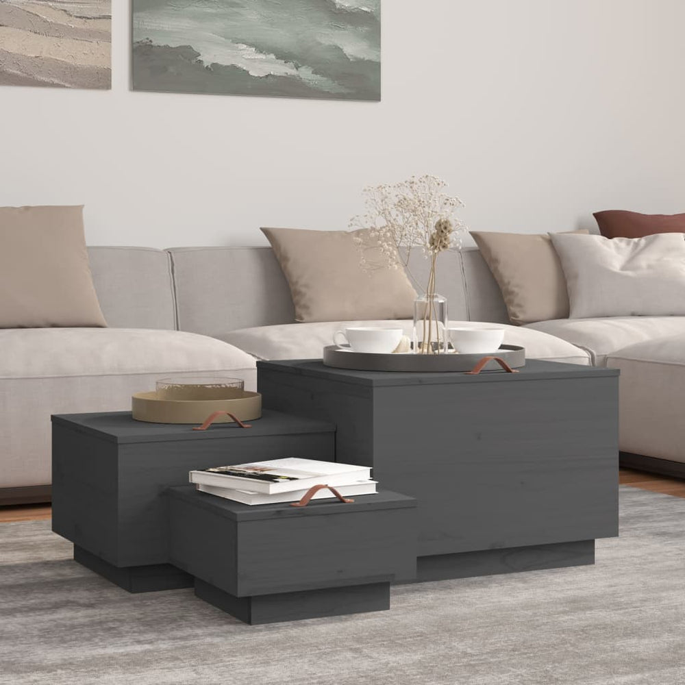 Storage boxes with lids, 3 pcs, grey, solid pine