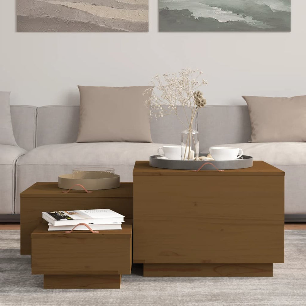 Storage boxes with lids, 3 pcs, honey brown, solid pine