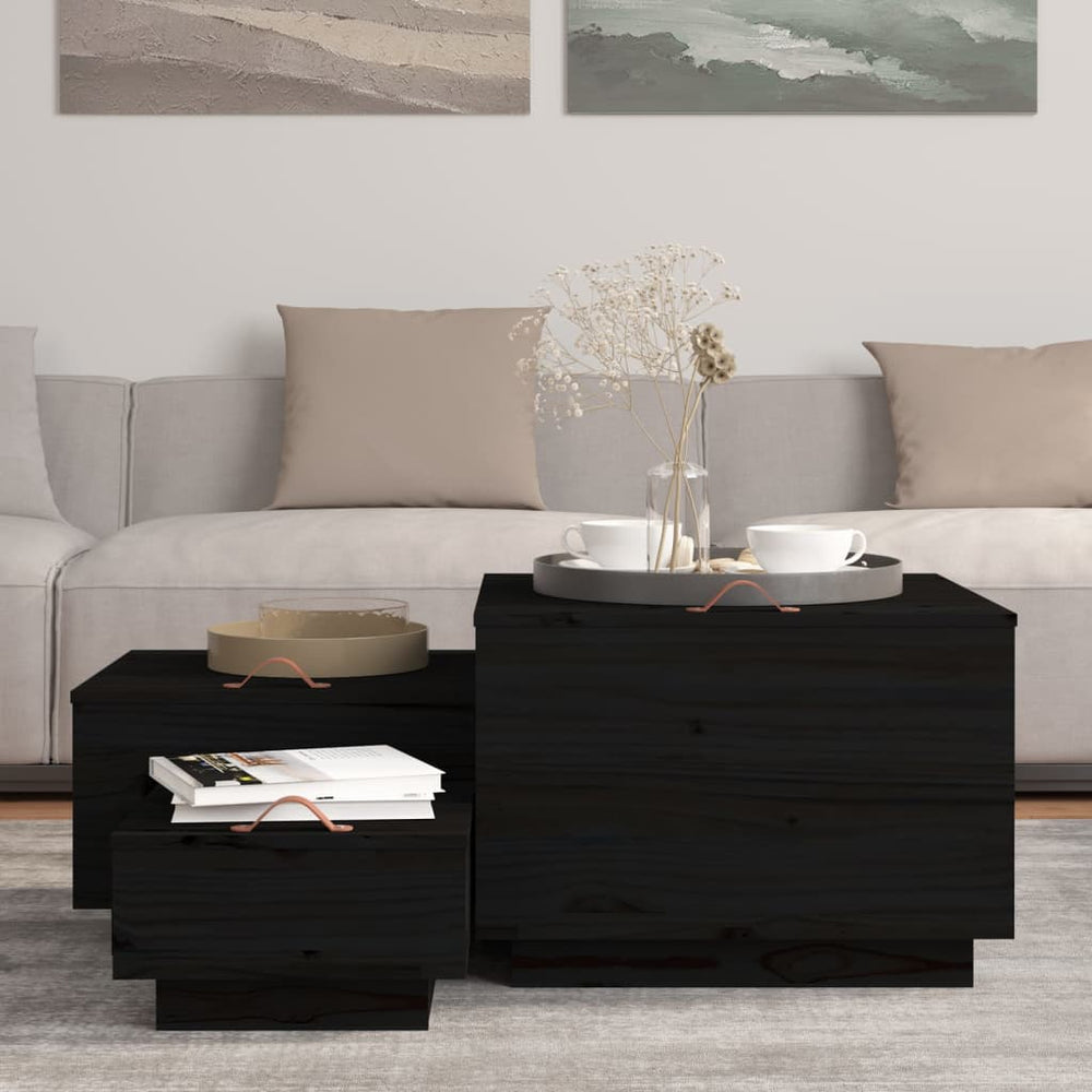 Storage Boxes with Lids, 3 pcs, black, solid pine
