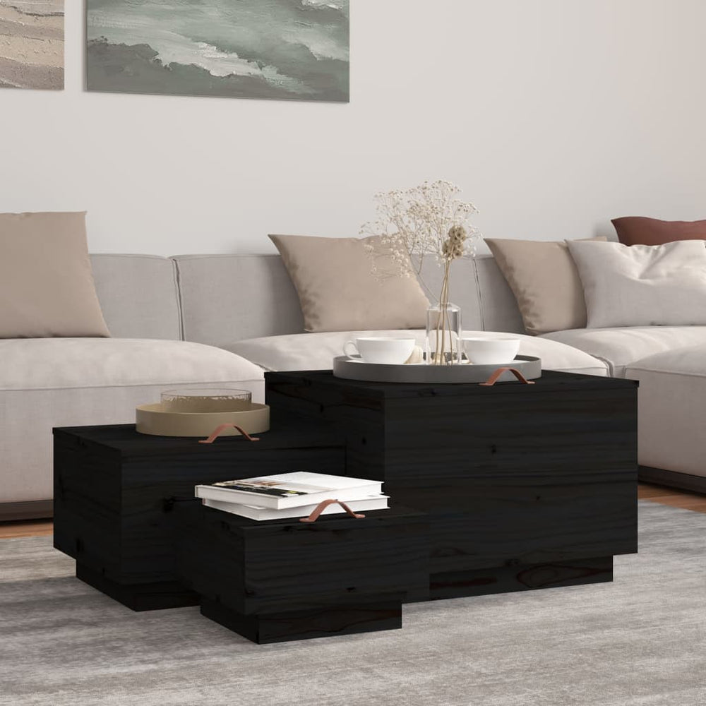 Storage Boxes with Lids, 3 pcs, black, solid pine