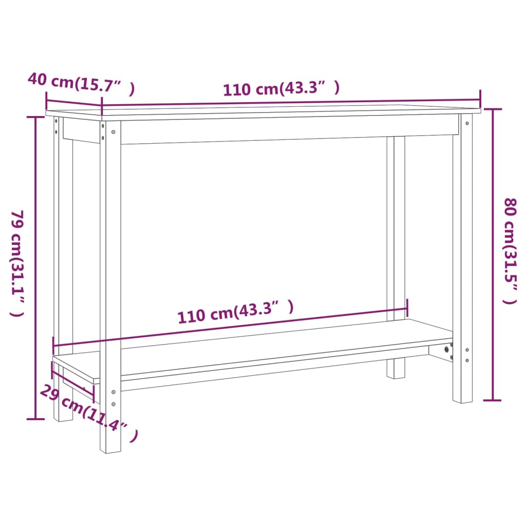 Console table, white, 110x40x80cm, solid pine