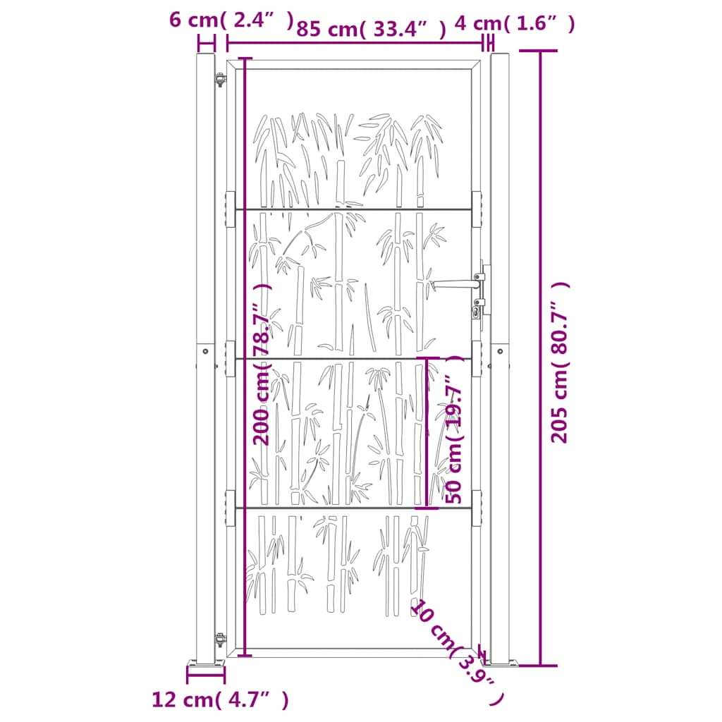 Garden gate, 105x205cm, corten steel, bamboo design