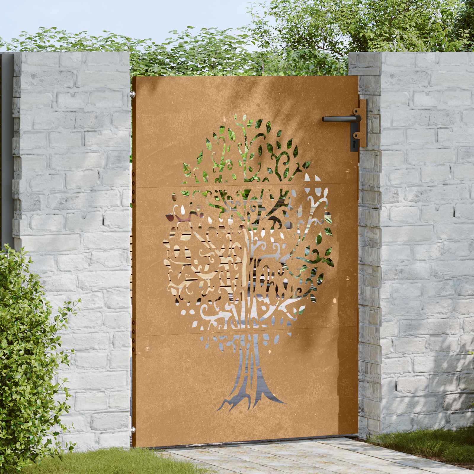 Sodo vartai, 85x150 cm, Corten plienas, medžio raštas