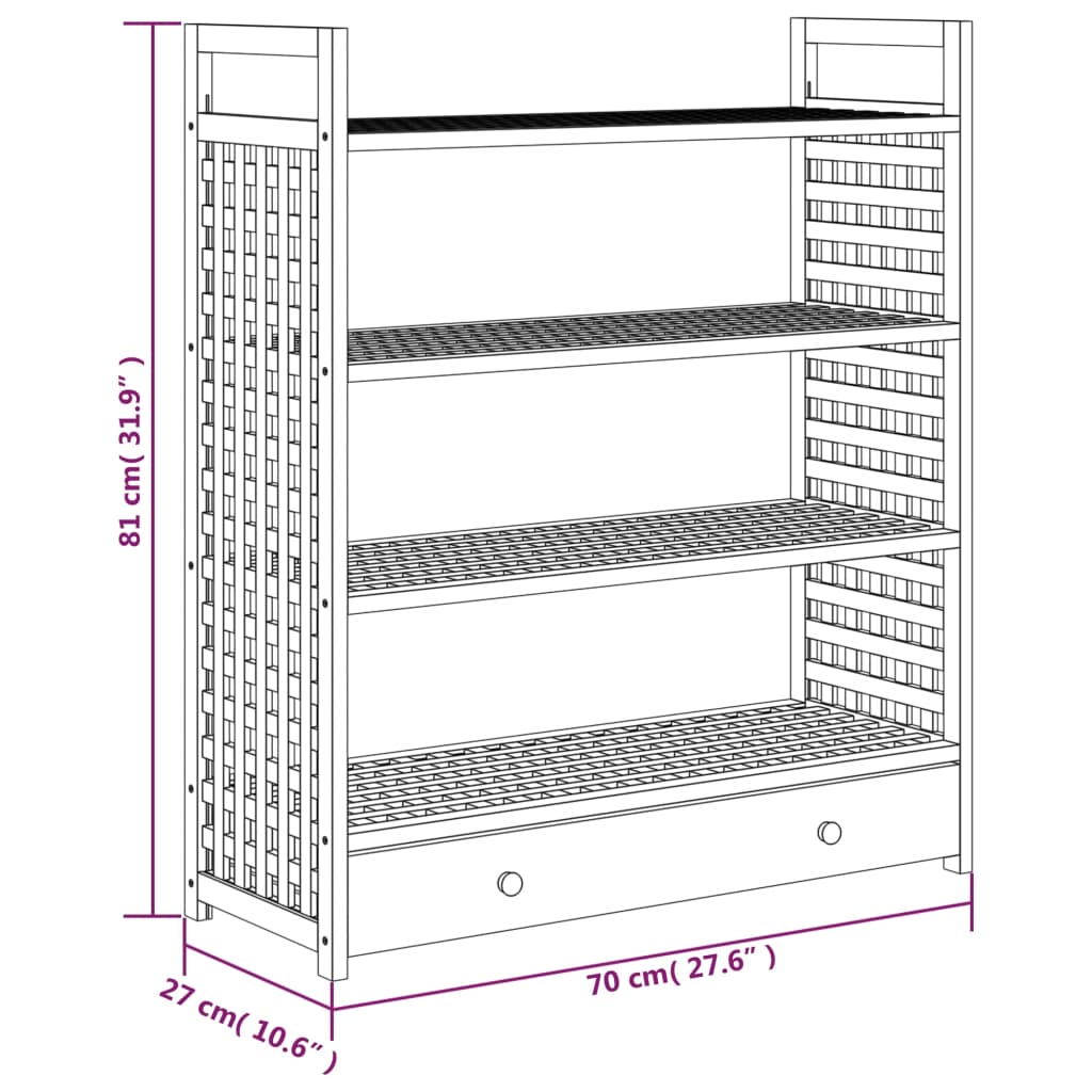 Shoe rack with drawers, 70x27x81cm, solid walnut