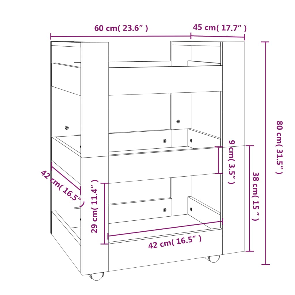 Kitchen trolley, grey oak, 60x45x80cm, engineered wood