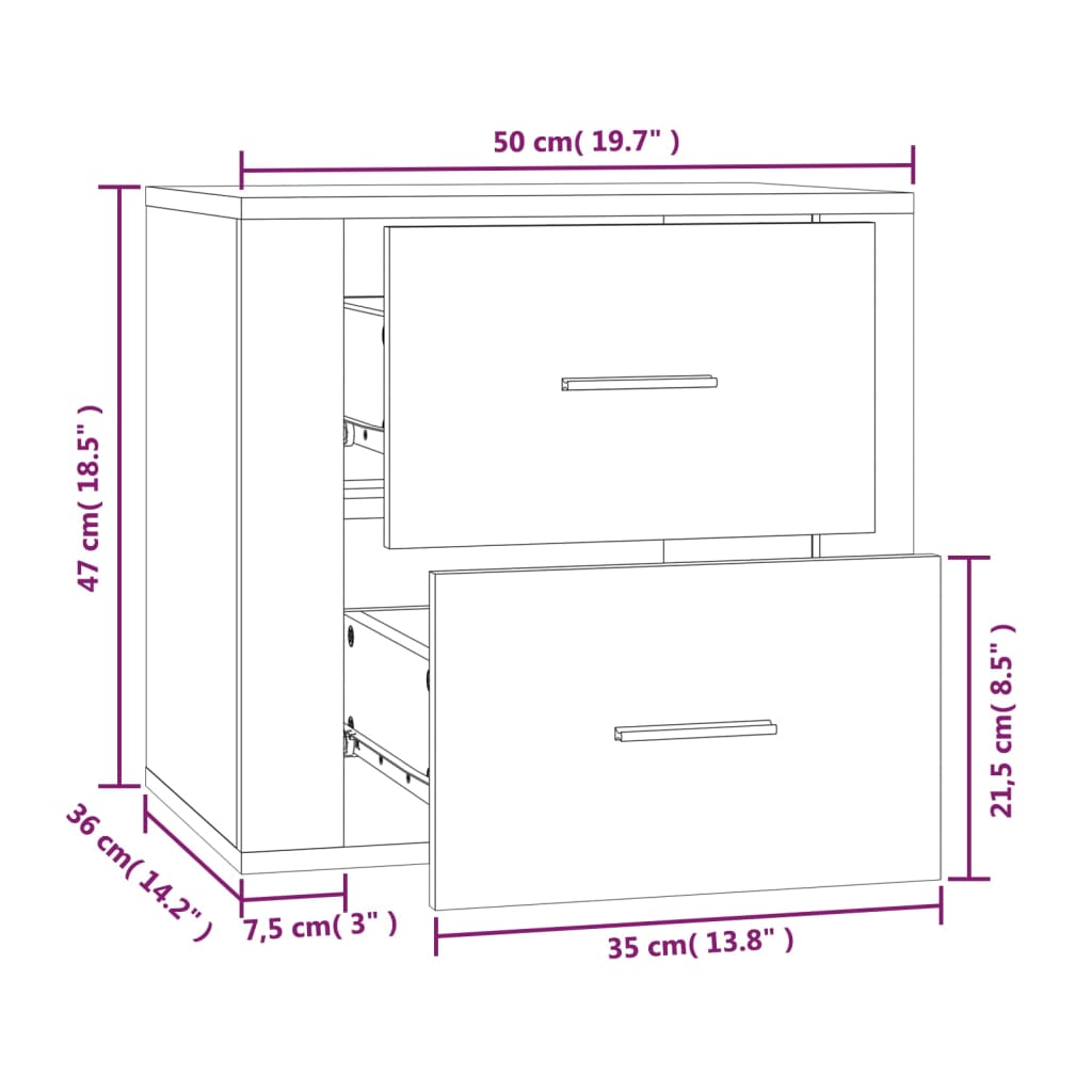 Wall-mounted bedside cabinet, brown oak, 50x36x47cm