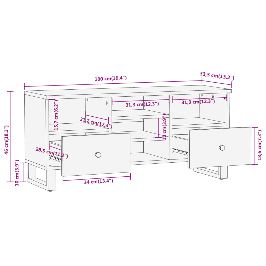TV cabinet, brown and black, 100x33.5x46cm, solid mango wood