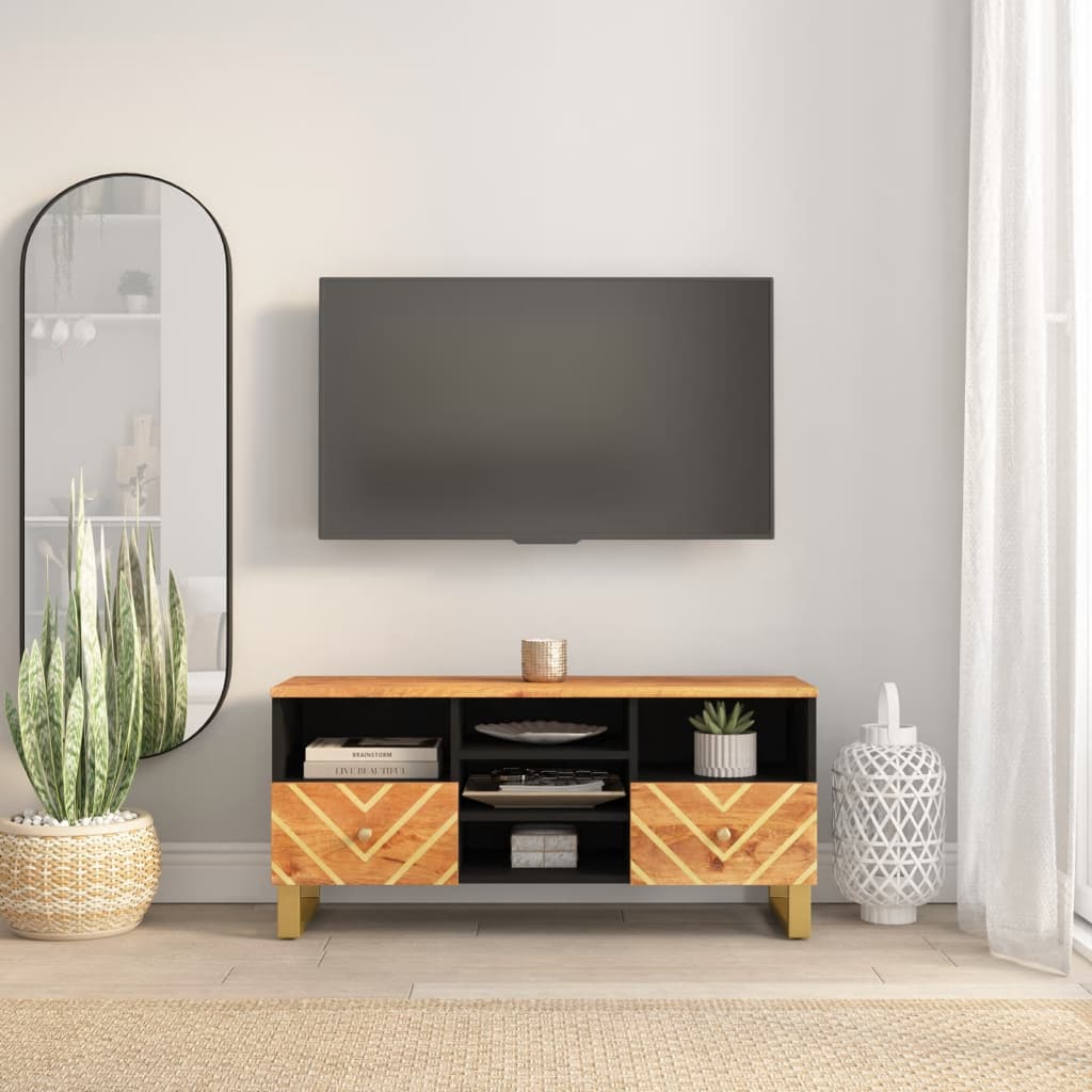 TV cabinet, brown and black, 100x33.5x46cm, solid mango wood