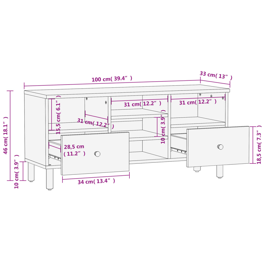 TV cabinet, black, 100x33x46cm, solid mango wood