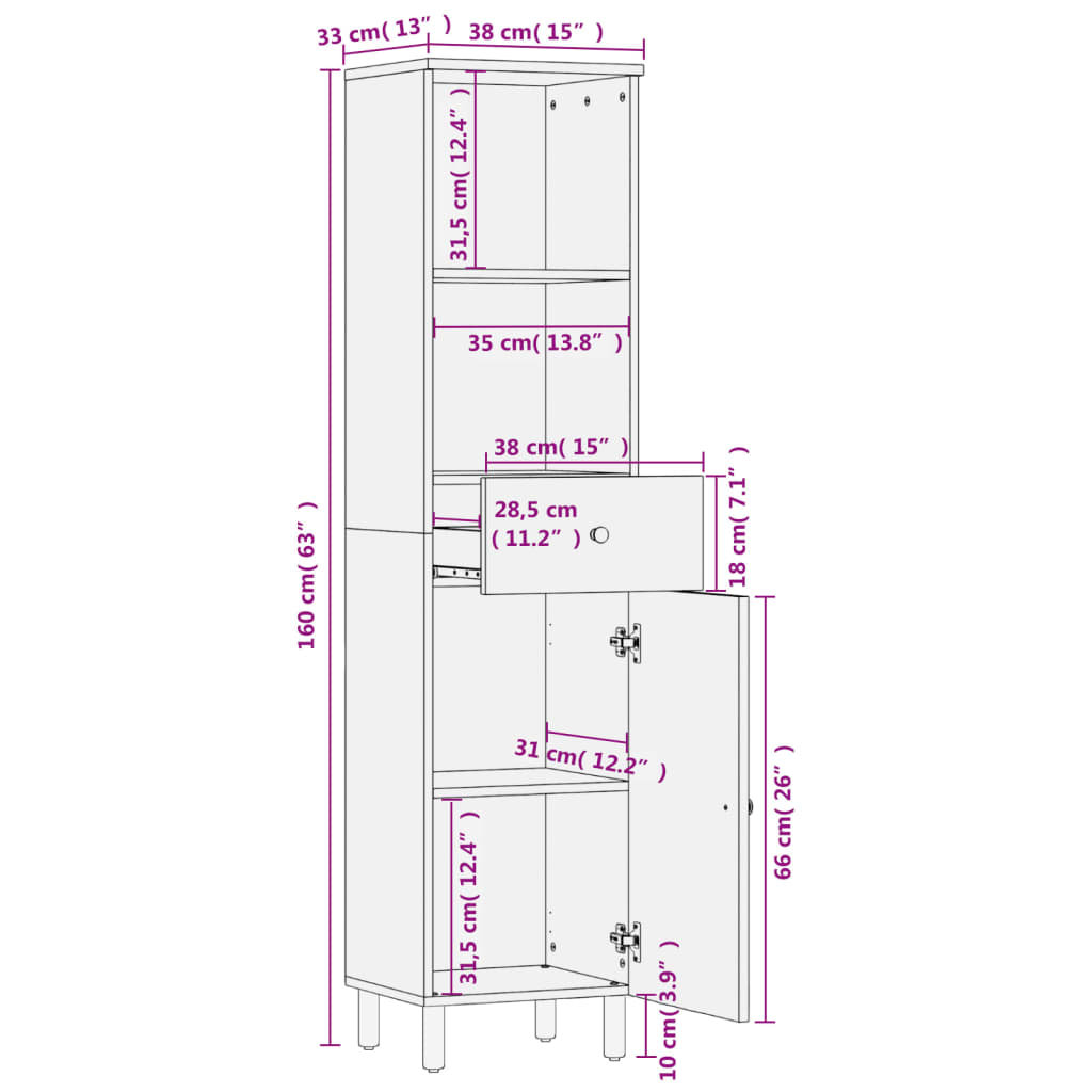 Bathroom cabinet, black, 38x33x160cm, solid mango wood