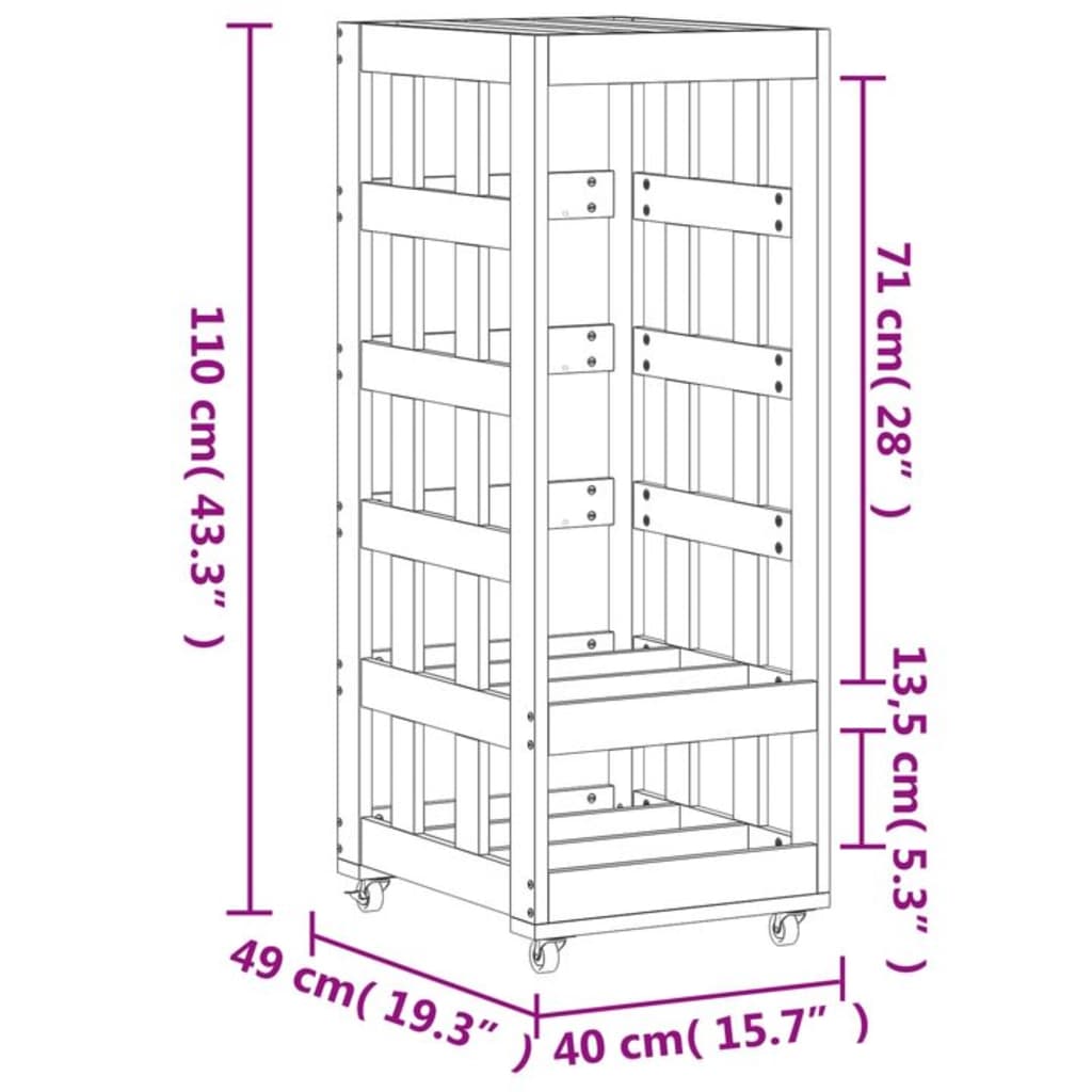 Log holder with wheels, 40x49x110cm, solid pine
