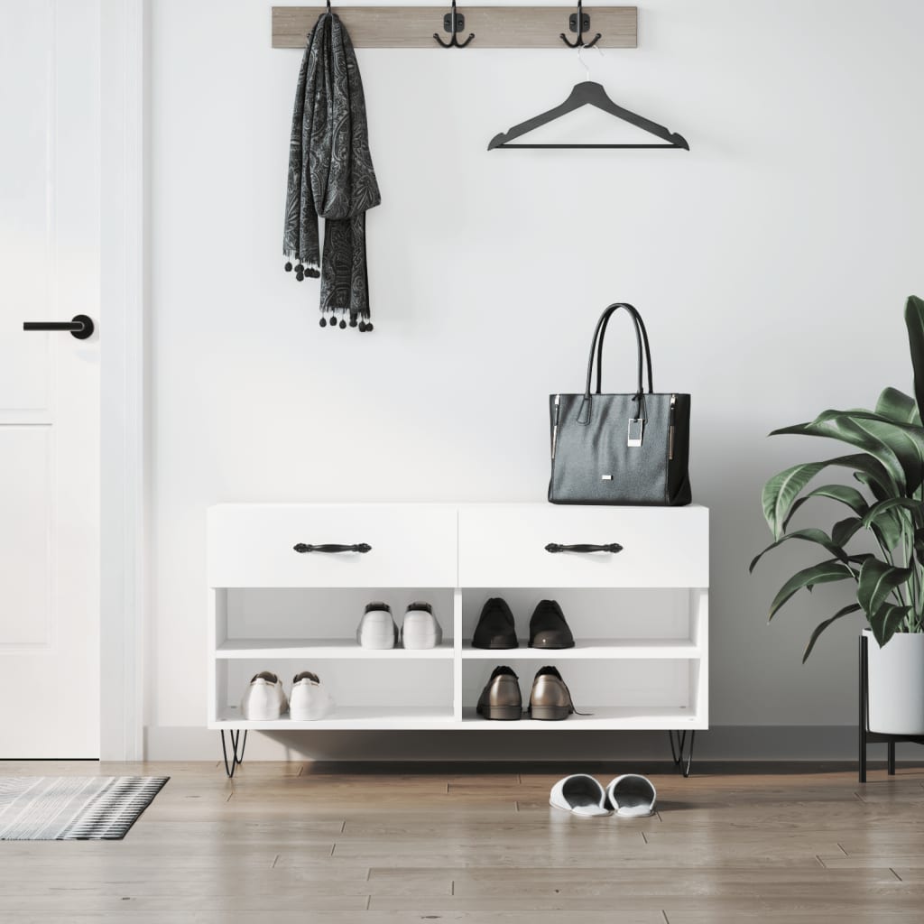 Shoe bench, white, 102x35x55cm, engineered wood, glossy