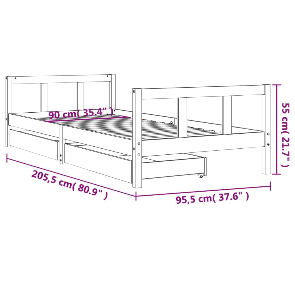 Children's bed frame with drawers, white, 90x200cm, pine