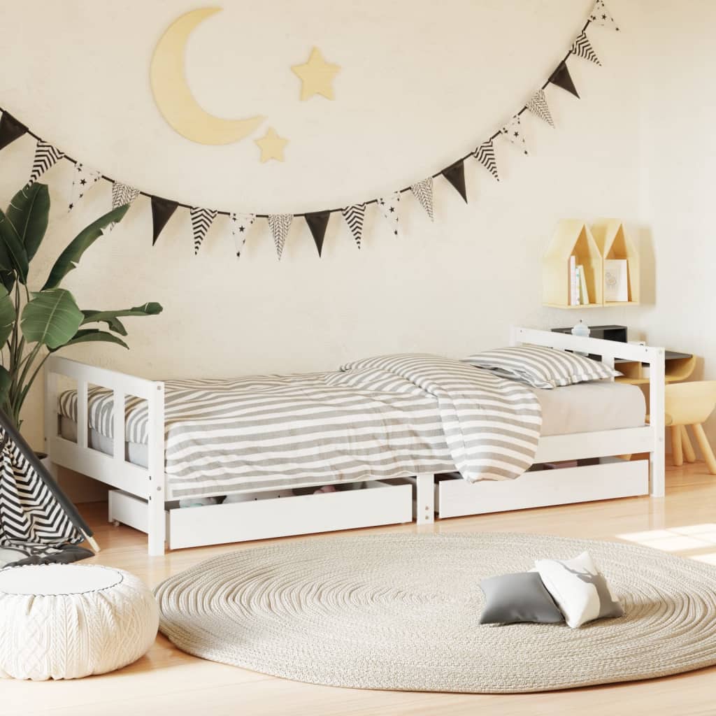 Children's bed frame with drawers, white, 90x200cm, pine