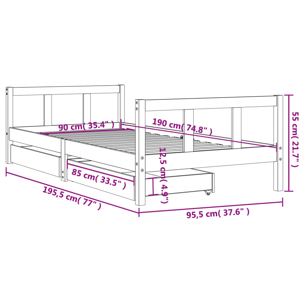 Children's bed frame with drawers, black, 90x190cm, pine