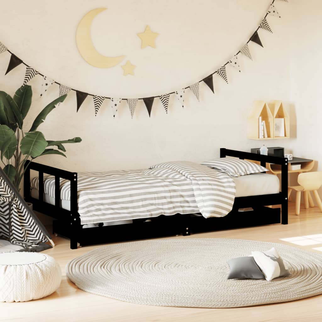 Children's bed frame with drawers, black, 90x190cm, pine