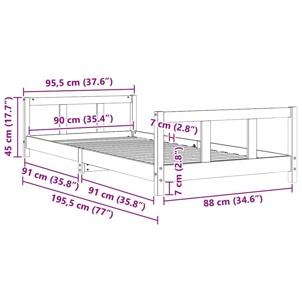 Children's bed frame, white, 90x190cm, solid pine