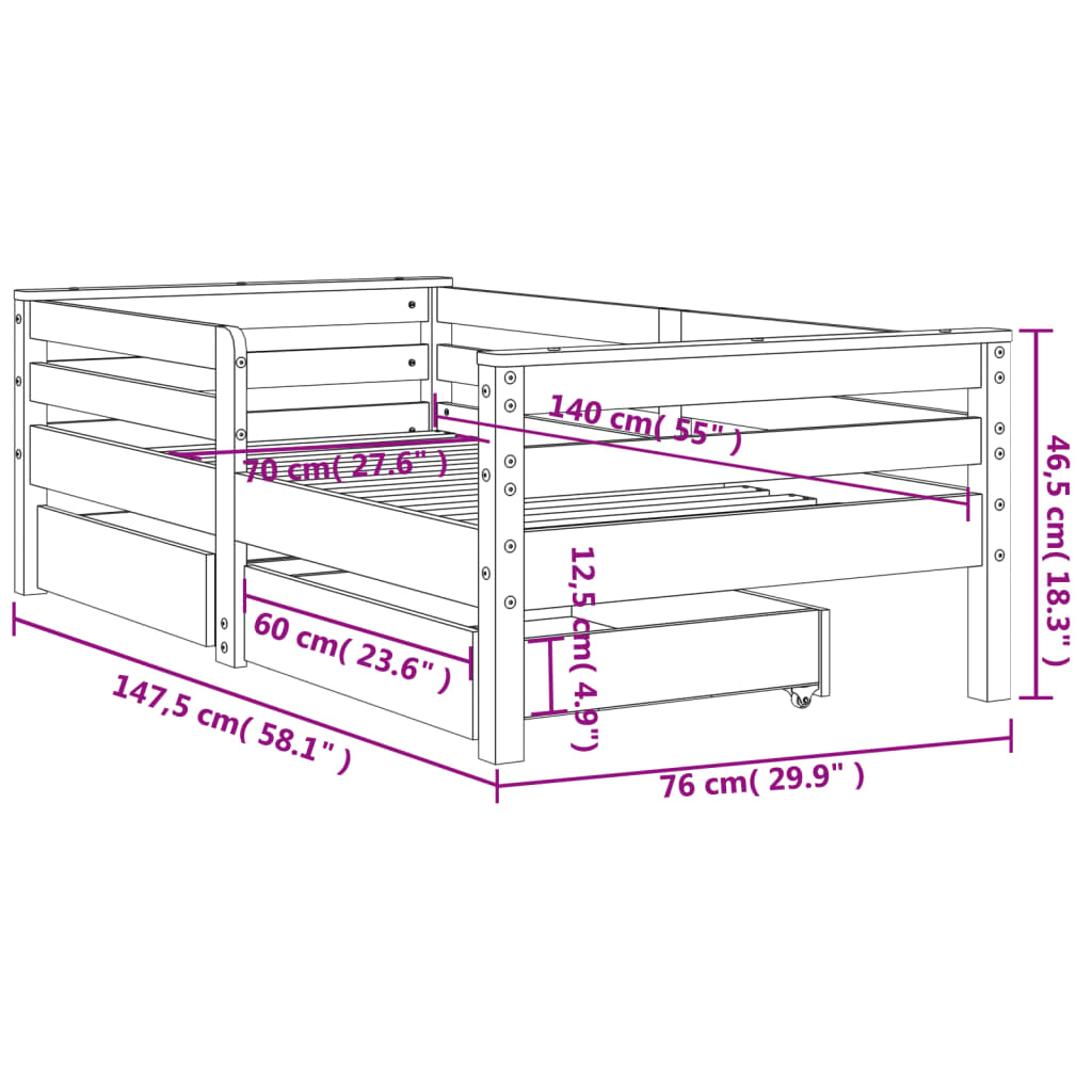 Children's bed frame with drawers, 70x140cm, solid pine