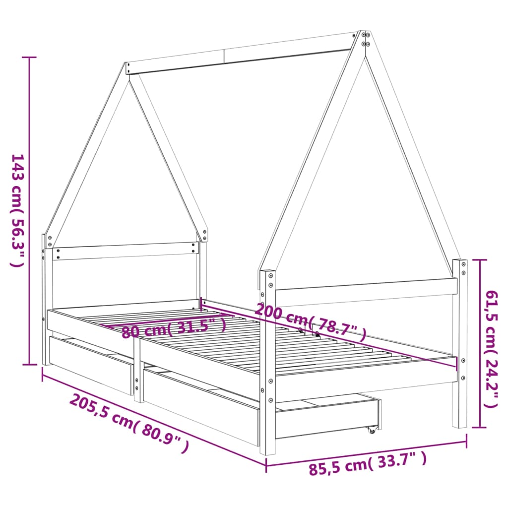 Children's bed frame with drawers, 80x200cm, solid pine