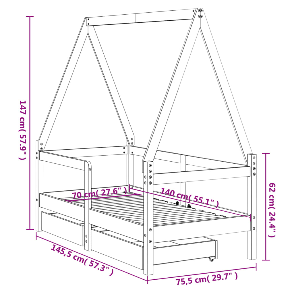Children's bed frame with drawers, 70x140cm, solid pine